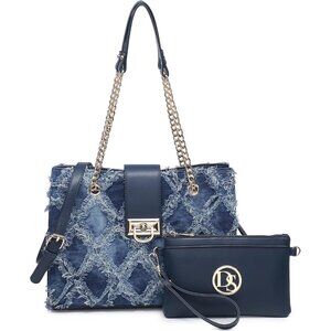 Denim Vegan Leather Women’s Tote Satchel Hobo Bag with Clutch, Stylish & Spaciou